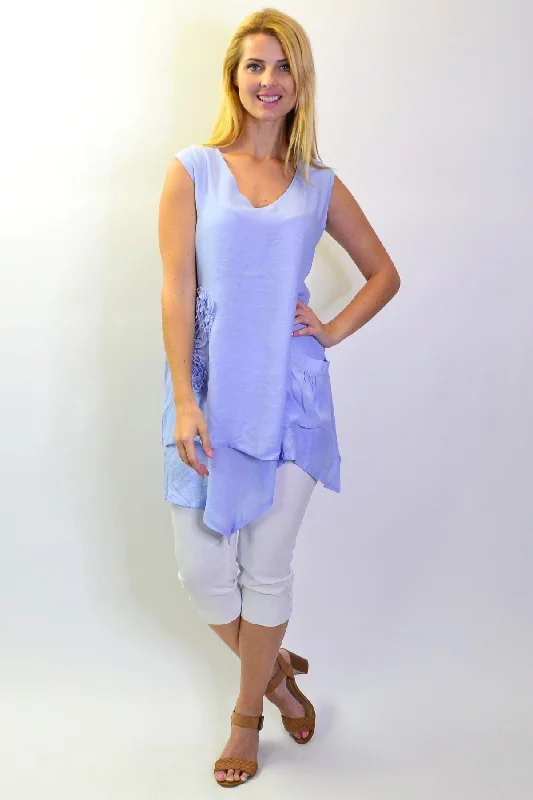 Women's Resort Apparel Limited Quantities Baby Blue Applique Sleeveless Tunic Top