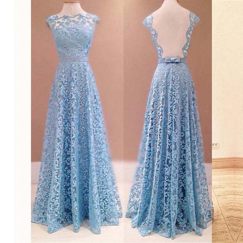 Women's Outerwear Attire Flash Sale Fancy Blue Lace Boat Neck Open Back Prom Dresses Long Women Formal Evening Gown 2020