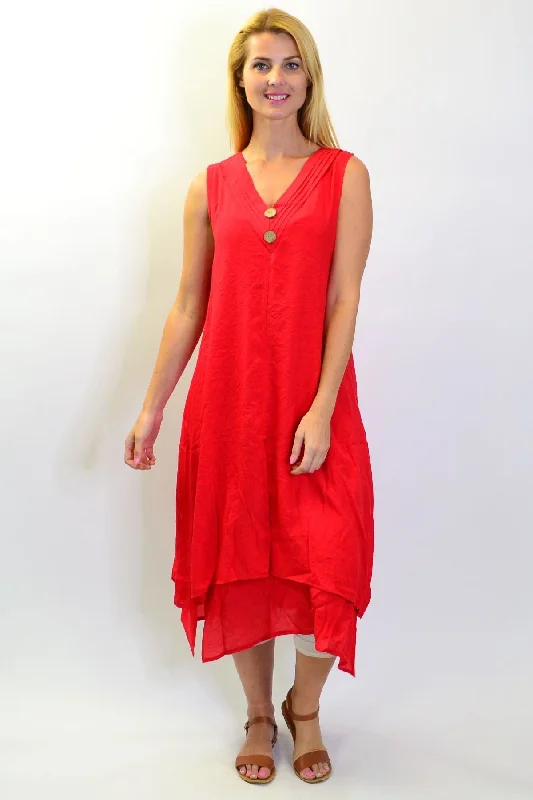 Women's Clothes Summer Splash Sale Red Sleeveless Coconut Button Tunic Dress