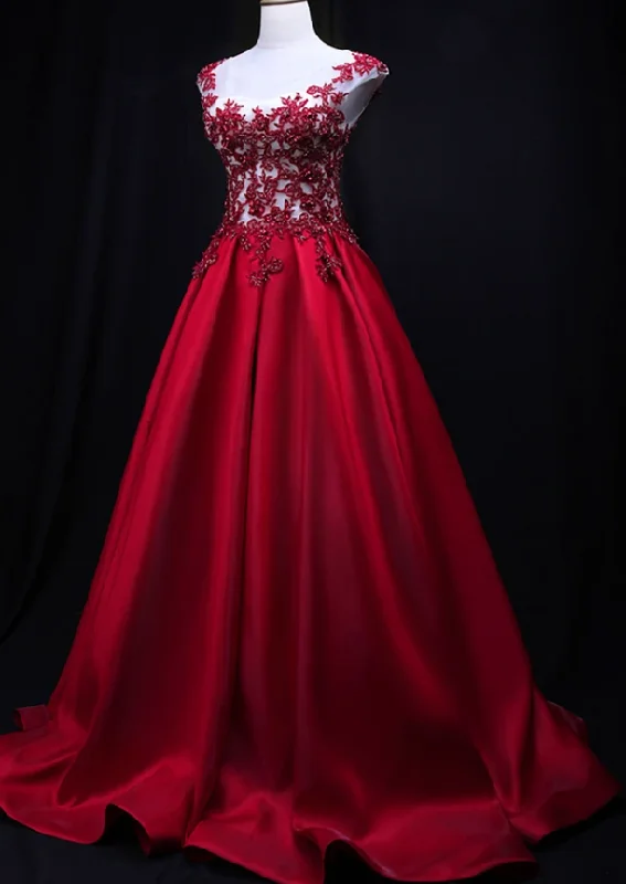 Women's Workout Clothing Limited - Stock Gorgeous Dark Red Satin Long Cap Sleeves Formal Dress, Prom Dress 2020   cg12149