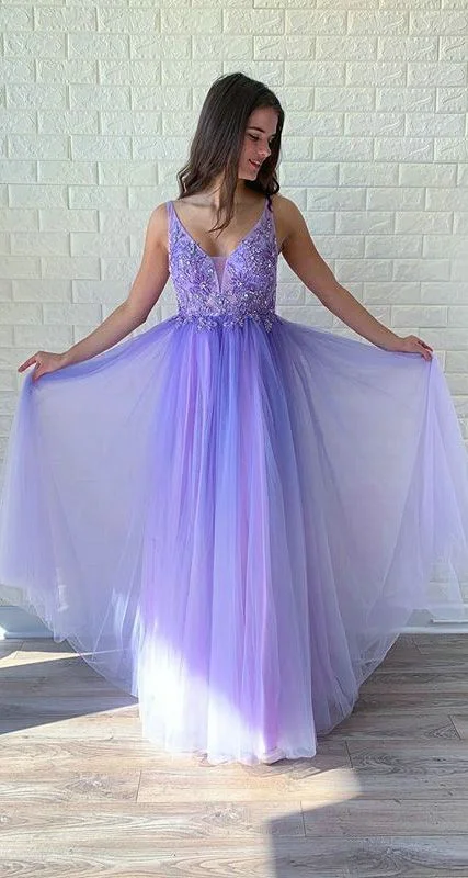 Women's Timeless Attire Light Purple Tulle Prom Dresses with V-Neck Beaded Bodice Long Prom Gowns  cg5344