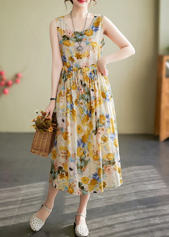 Women's Travel Attire Weekend Special New Yellow O Neck Lace Up Print Cotton Long Dress Sleeveless