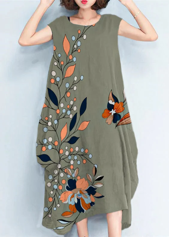 Women's Charming Outfit For Events Rustic Countryside Charm Look 2024 Green Flowers natural cotton polyester dress oversize sleeveless traveling dress Elegant kaftans