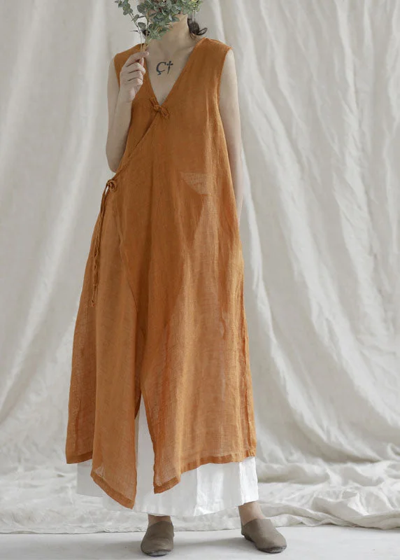 Women's Clothing For Everyday Wear Charming Silhouette Orange tie waist Linen Holiday Dress Asymmetrical Sleeveless