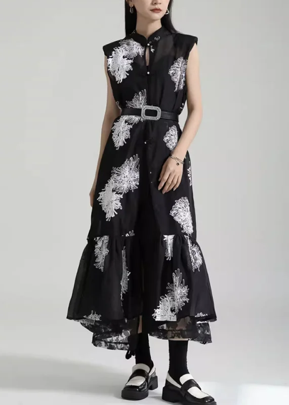 Women's Plus-Size Apparel Celebrate with Big Savings Chinese Style Black Stand Collar Embroideried Tulle Dresses Sleeveless