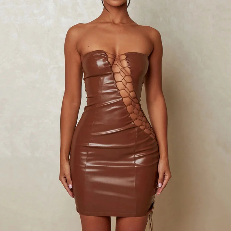 Casual Chic Women's Clothes Refined Simplicity Sultry Strapless Lace Up Cut Out Bodycon Club Mini Dress - Brown