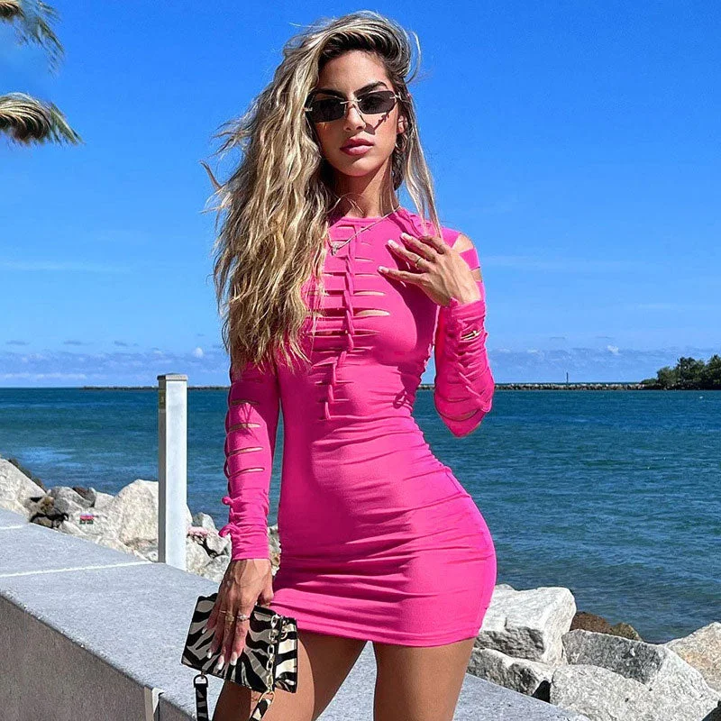 Affordable Luxury Women's Apparel Limited - Stock Slashed Ladder Cut Out Crew Neck Long Sleeve Bodycon Mini Dress - Hot Pink