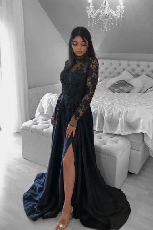 Women's Resort Apparel Mid - Week Surprise Elegant A-Line High Neck Satin Lace Long Prom Evening Dresses with Split    cg15046