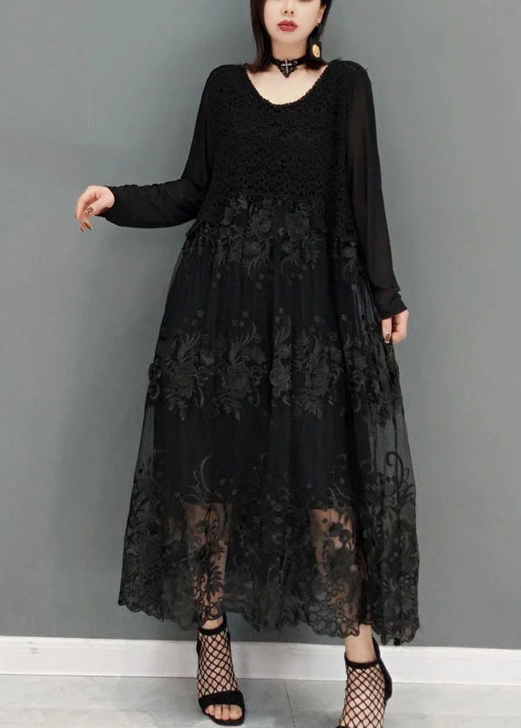 Women's Festive Attire Effortless Comfort Loose Black O-Neck lace Vacation Dresses Long Sleeve