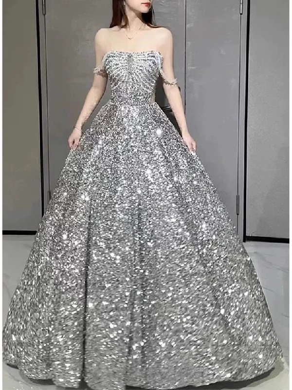 Women's High-Fashion Attire Limited - Time Bundle Sexy Ball Gown Off The Shoulder Silver Sequin Long Prom Dresses C1640