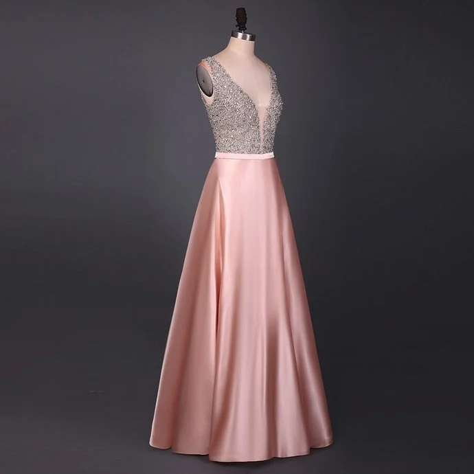 Comfortable Lounge Clothing Disco - Inspired Retro Dance Look A Line Evening Dress Beading V Neck Sleeveless Long Evening Dresses Floor Length Satin prom dress     cg12504