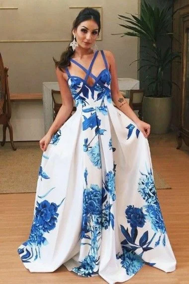 Timeless Women's Clothing Summer Splash Sale Deep V-Neck Sweep Train Criss-Cross Straps Blue Printed Satin Prom Dress   cg10725