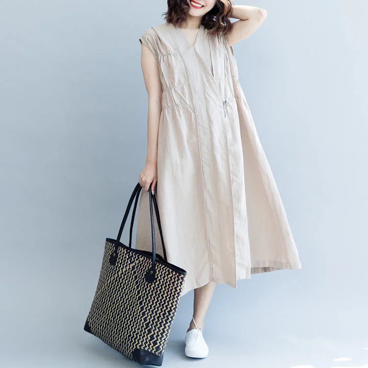 Women's Vintage-Inspired Clothing Winter Warm - Up Sale Elegant burgundy cotton linen knee dress trendy plus size cotton linen clothing dresses new Sleeveless Cinched v neck baggy dresses