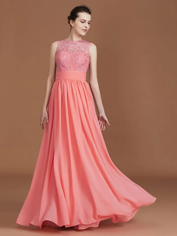 Fashionable Women's Clothes Polished Finish A-Line/Princess Jewel Sleeveless Lace Floor-Length Chiffon Bridesmaid Dresses