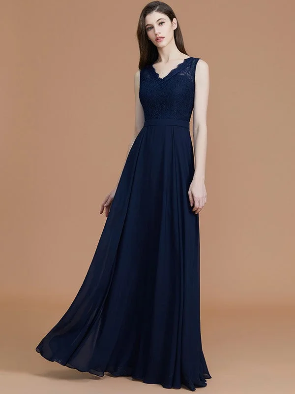 Fashionable Women's Clothing Classic Timeless Elegant Style A-Line/Princess V-neck Sleeveless Floor-Length Lace Chiffon Bridesmaid Dresses