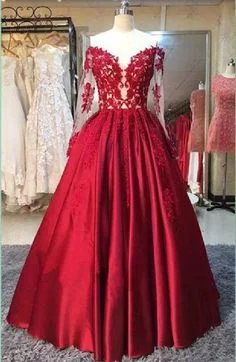 Women's Plus-Size Attire Cute Prom Dress, Ball Gown Prom Dress, Red Lace Evening Dress, Evening Dress With Sleeves, Evening Dress Lace   cg10427