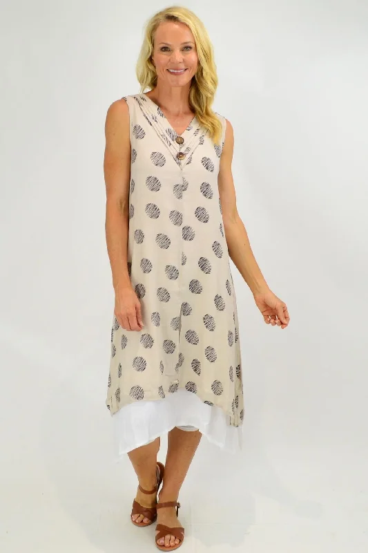 Stylish Clothes For Women Great Prices on Feminine Styles Sleeveless Oatmeal Dots Overlay Tunic Dress