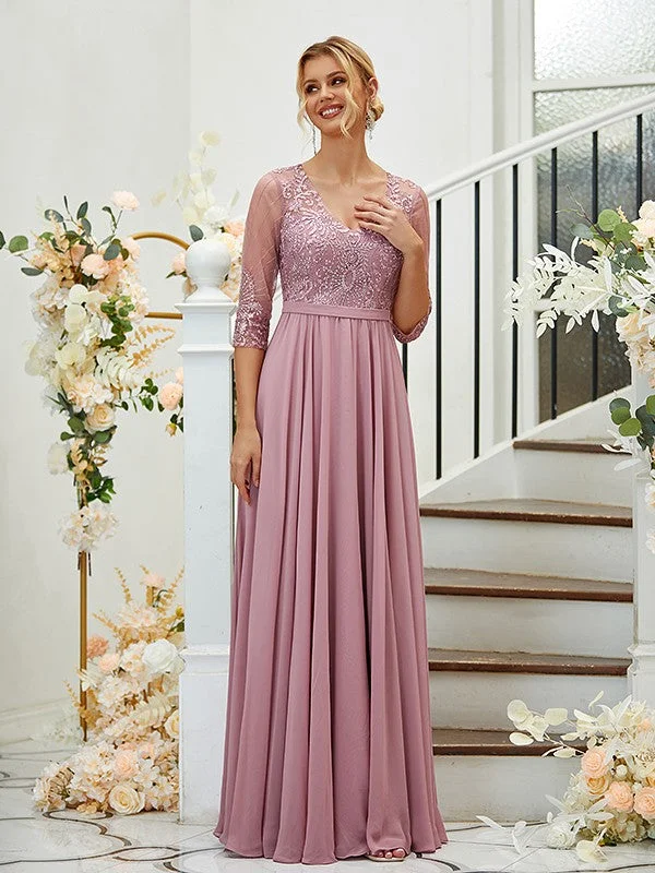 Women's Seasonal Clothes Chic Urban Fashion Look A-Line/Princess Chiffon Lace V-neck 3/4 Sleeves Floor-Length Bridesmaid Dresses