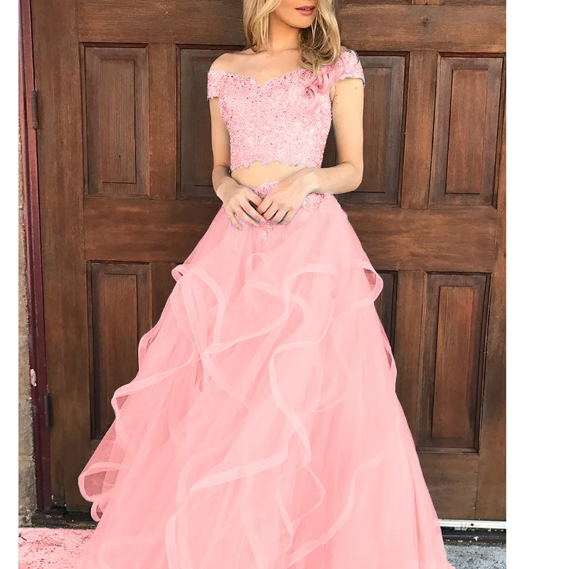 Women's Fashion-Forward Apparel Now on Sale for Chic Urban Styles Coral Pink Tired Crop Top Prom Dress For Teens Graduation Formal Gown with Lace