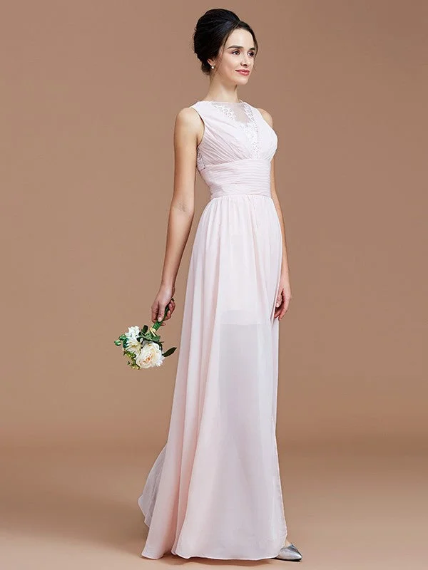 Chic Clothing For Women Vintage Retro Party Wear A-Line/Princess Jewel Sleeveless Ruched Floor-Length Chiffon Bridesmaid Dresses