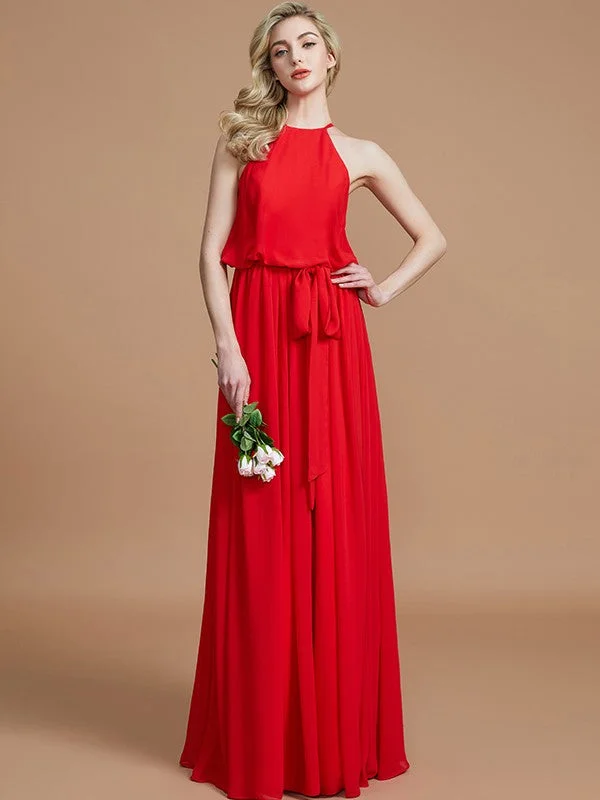 Formal Clothing For Women Romantic Date - Night Ensemble A-Line/Princess Halter Sleeveless Sash/Ribbon/Belt Floor-Length Chiffon Bridesmaid Dresses