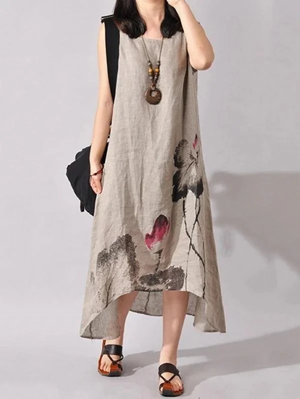 Women's Clothes And Garments Luxury Comfort French light gray print cotton linen Soft Surroundings o neck sleeveless Dresses