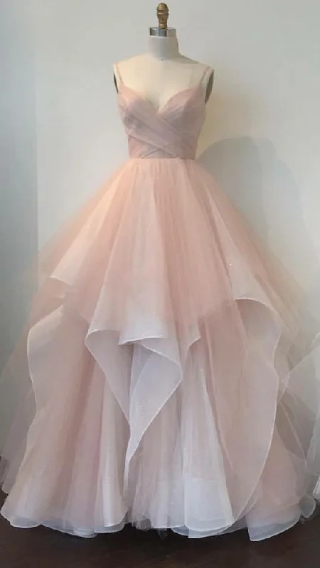 Women's Formal Apparel Fashion-Forward Style Sexy Ball Gown Straps Pink Tulle Long Prom Dresses C597