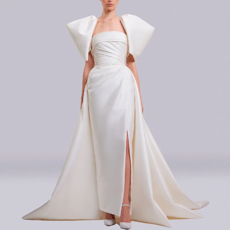 Women's Sporty Chic Clothes Feminine Grace Strapless Leg Slit Satin Wedding Dress with Straight Neck