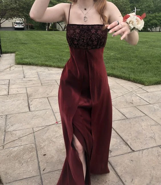 Women's Occasion Wear Apparel Save on Classic Elegant Styles Elegant A line Spaghetti Straps Burgundy Long Slit Prom Dresses Evening Gowns C3023