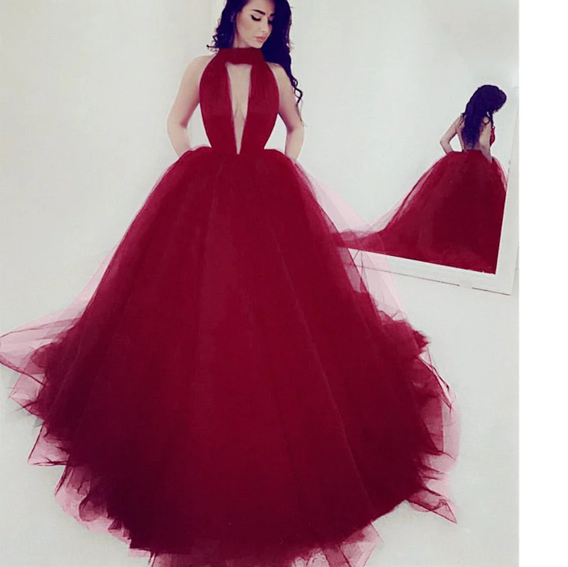 Casual Apparel For Women Chic Allure Burgundy Halter Ball Gown Women Evening Party Dress Sexy Backless Puffy Special Occasion Dress