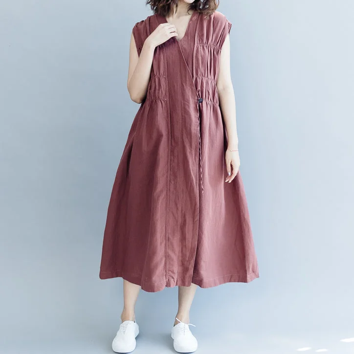 High-Fashion Women's Clothing Save on Classic Elegant Styles vintage khaki cotton linen dresses Loose fitting cotton linen clothing dress New Sleeveless Cinched v neck baggy dresses