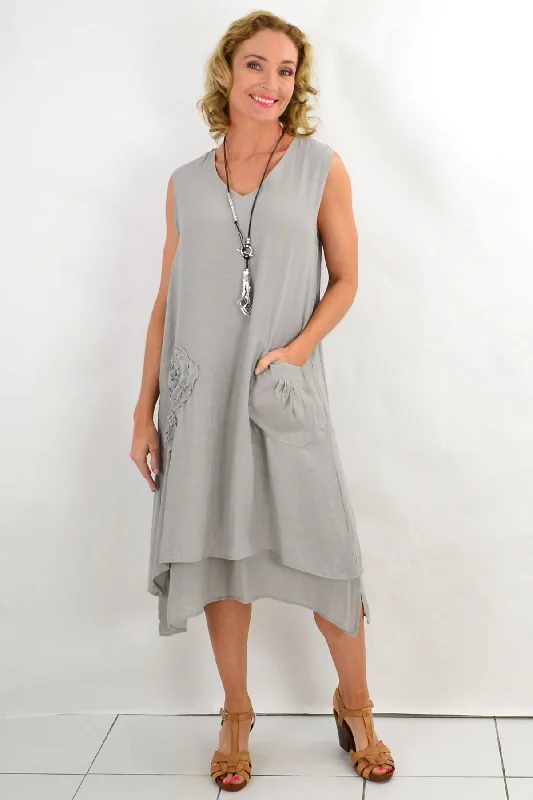 Women's Stylish Casual Garments Sophisticated Cut Grey Applique Sleeveless Tunic Dress