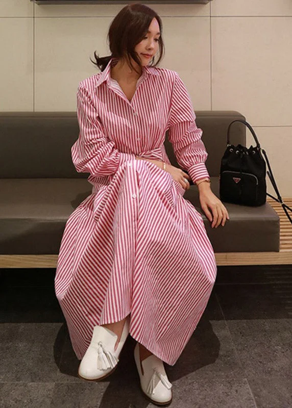 Women's Resort Apparel Feminine Charm DIY Red Striped Peter Pan Collar Button Tie Waist Wrinkled Cotton Dress Long Sleeve