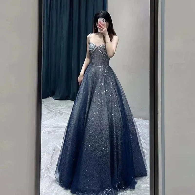 Stylish Outerwear Clothing For Women Limited - Stock Pretty Ball Gown Spaghetti Straps Navy Blue Long Prom Dresses Party Evening Dress C3796