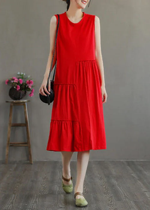 Women's Clothing For Work Flash Deals Stylish Red O-Neck Patchwork Cotton Party Dress Sleeveless