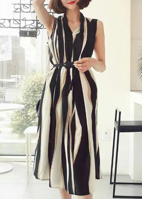 Stylish Women's Outfit Elevated Style Italian Colorblock V Neck Striped Patchwork Chiffon Dresses Sleeveless