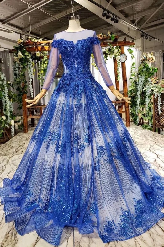 Casual Outfit For Women Charming Long Sleeve Round Neck Tulle Blue Beads Ball Gown Prom Dresses with Lace up  cg6554