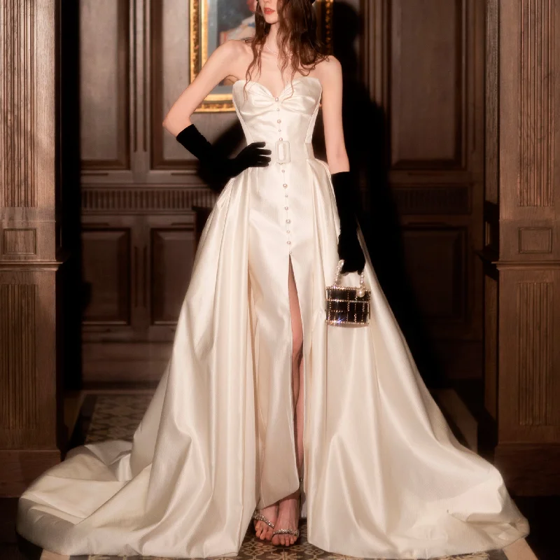 Women's Chic Outerwear Garments Vintage Elegance Sexy Leg Slit Wedding Dress with Detachable Train