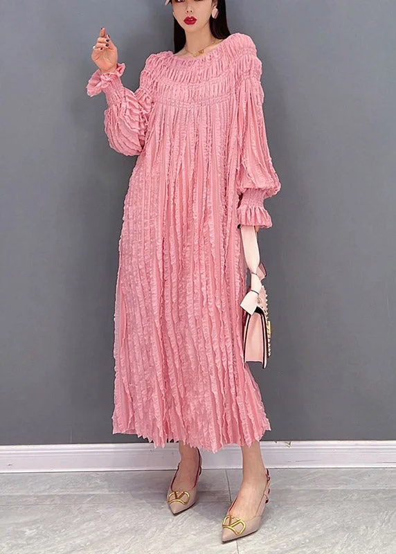 Women's Everyday Apparel Great Prices on Feminine Styles Pink Sexy Long Dresses Slash neck wrinkled Long Sleeve