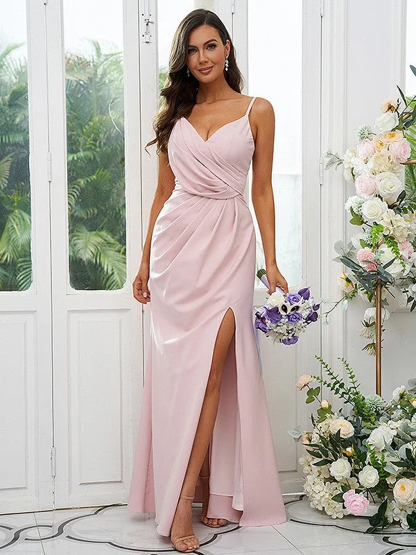 Women's Professional Garments Elegant Details A-Line/Princess Stretch Crepe Ruched V-neck Sleeveless Floor-Length Bridesmaid Dresses