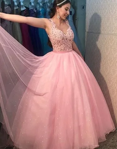 Women's Outdoor Attire Pink Ball Gown Prom Dress with Illusion Bodice   cg10635