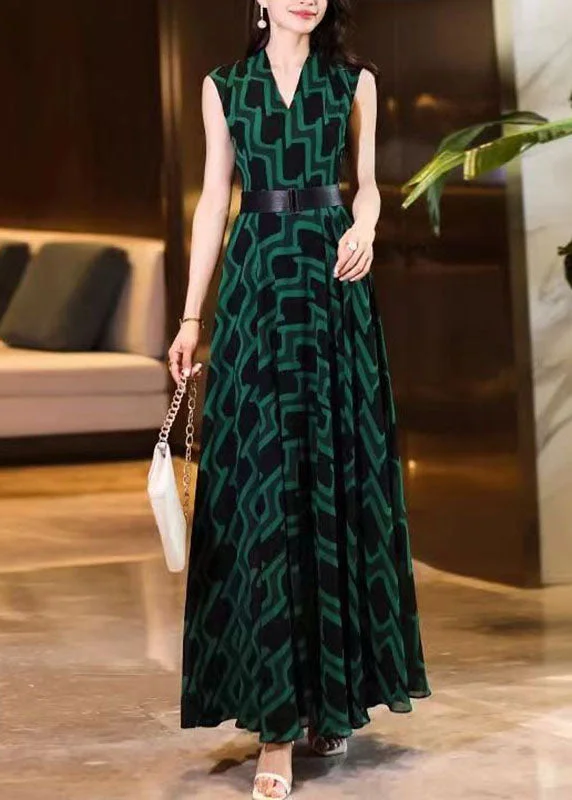 Women's High-Fashion Apparel Vibrant Prints Fitted Blackish Green V Neck Striped Sashes Chiffon Long Dress Sleeveless