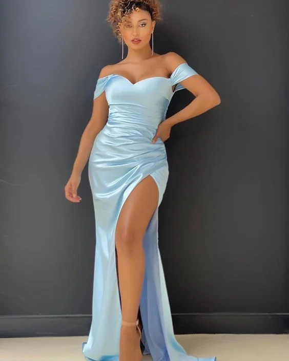 Women's Functional Apparel For Outdoor Activities Last Chance Sale Light Blue Satin Off the Shoulder Prom Dress with Side Slit    cg15027