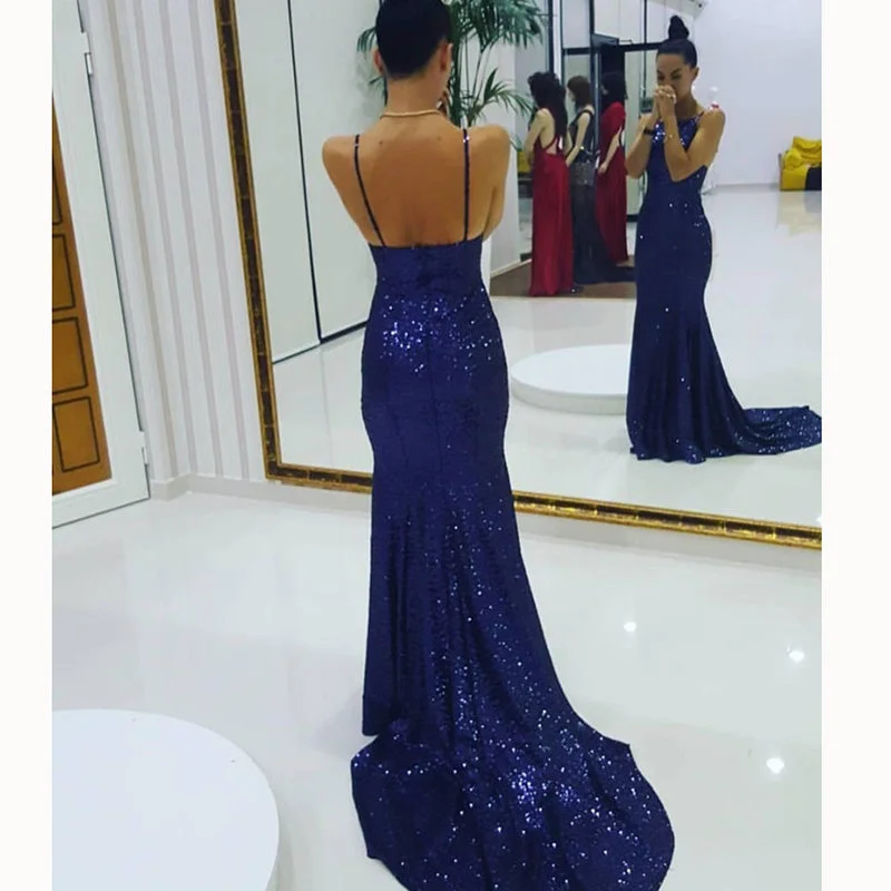 Women's Clothing Sets Feminine Flow LP3214 Bling Bling  royal blue Spaghetti Straps Sequins Evening party Gown robe longue