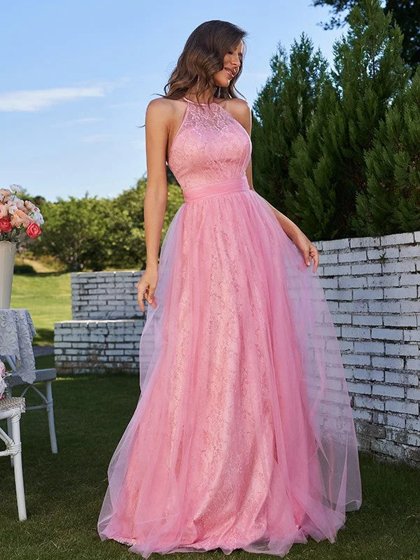 Women's Romantic Outfit Chic Allure A-Line/Princess Tulle Ruffles Halter Sleeveless Sweep/Brush Train Bridesmaid Dresses