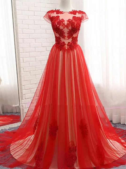 Women's Travel Attire Beautiful Red Tulle Long Cap Sleeves Evening Gown, Long Red Prom Dress   cg10716