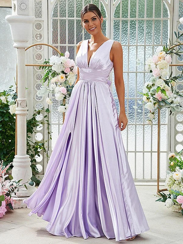 Women's Tailored Outfit Alluring Design A-Line/Princess Silk like Satin Ruffles V-neck Sleeveless Floor-Length Bridesmaid Dresses