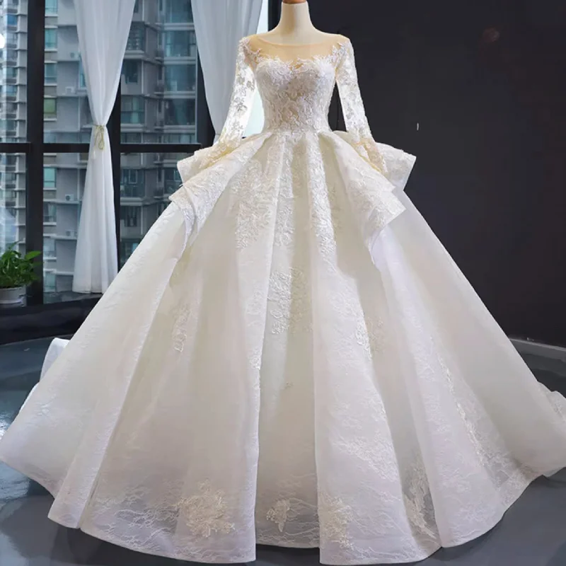 Women's Contemporary Apparel Holiday Sale Vintage Ball Gown Lace Ruffle Wedding Dress with Sheer Long Sleeves