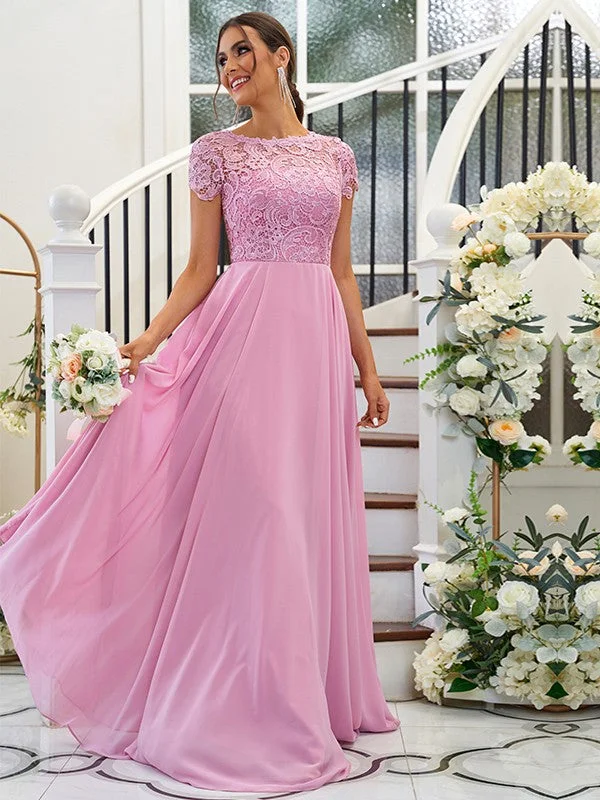 Stylish Women's Garments For Holidays Seasonal Trend A-Line/Princess Chiffon Lace Scoop Short Sleeves Floor-Length Bridesmaid Dresses