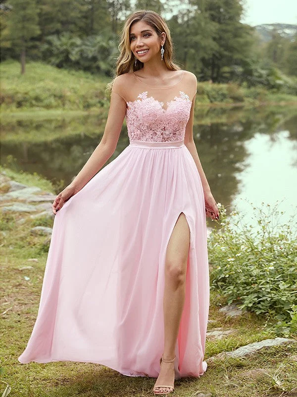 Women's Outfit Summer Splash Sale A-Line/Princess Chiffon Applique Scoop Short Sleeves Floor-Length Bridesmaid Dresses